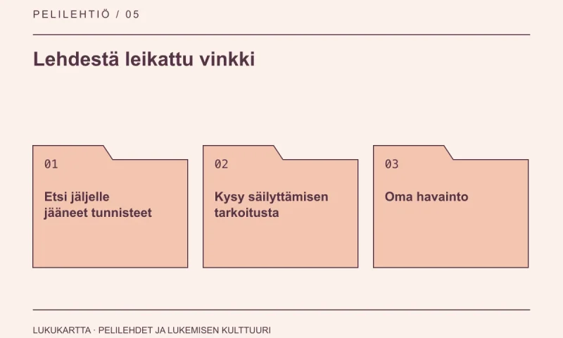 Lukukartta: Lehdestä leikattu vinkki. Etsi jäljelle jääneet tunnisteet, Kysy säilyttämisen tarkoitusta, Oma havainto.